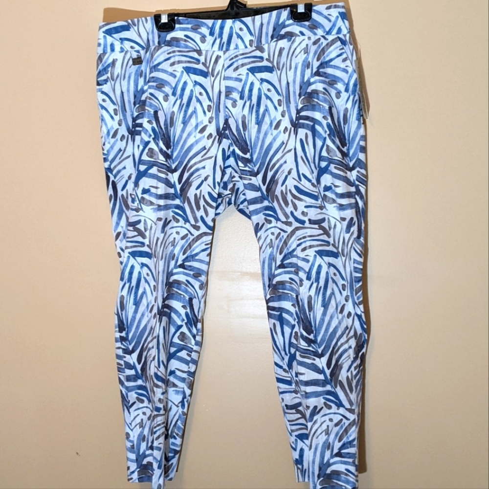 Lasania| Blue Leaf watercolors Print Stretch Pants Rayon Nylon Spandex Mix